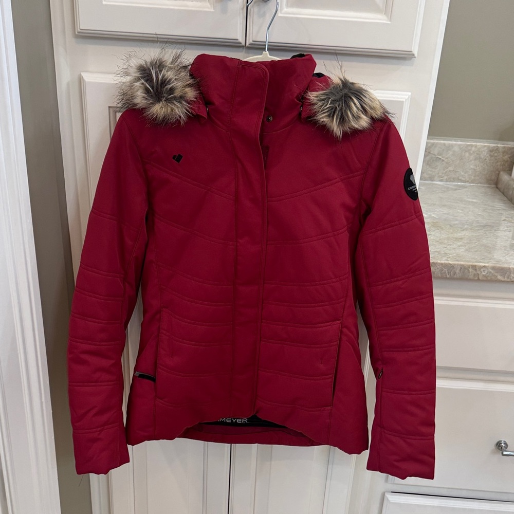 Women’s Red ski Jacket with Faux Fur Hood